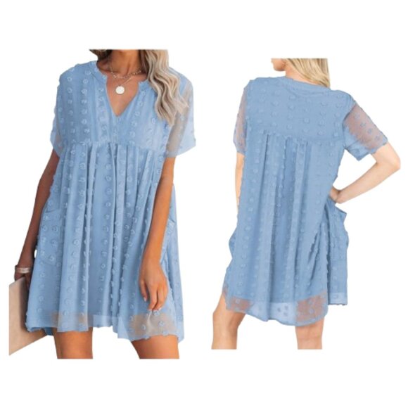 Miholl Blue Loose Flowy Short Dress Textured Dots V-Neck Pockets Short Sleeves - Picture 1 of 15